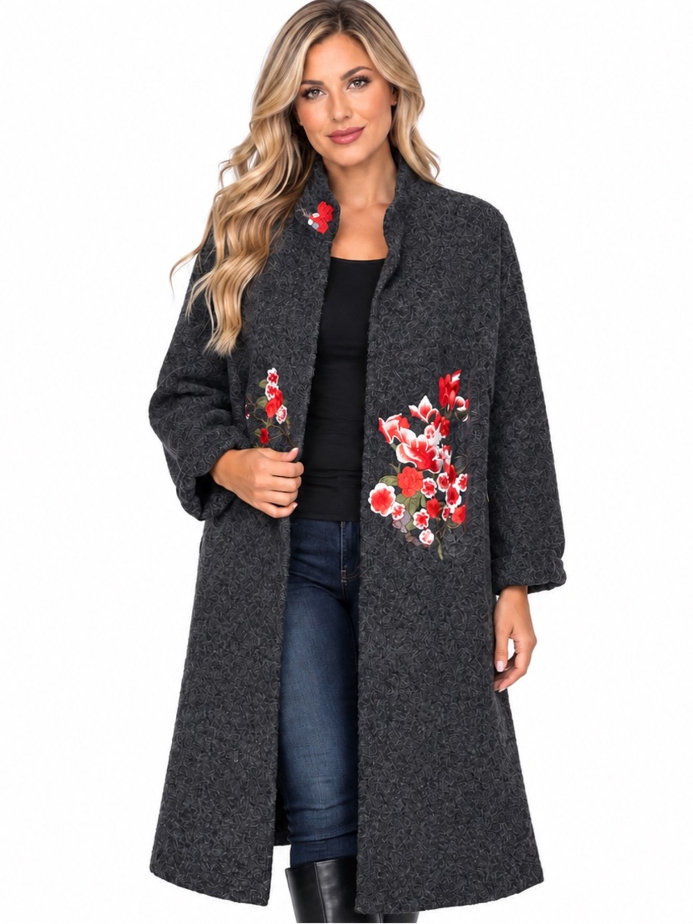Simply Couture Embroidered Charcoal Long Cardigan